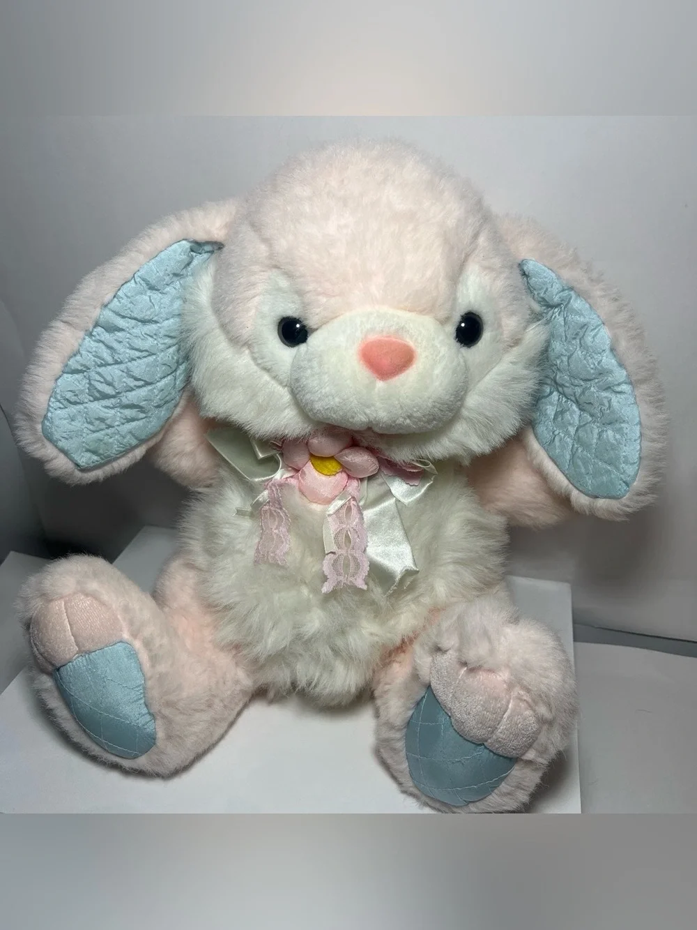 Fairview Plush Stuffed Bunny Rabbit Pink White Blue Floral Ribbon Blue Ears